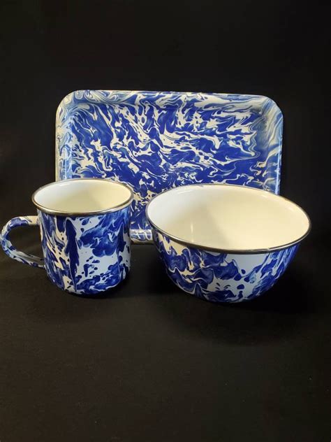 Set Of 3 Blue White Granite Ware Mug Bowl And Tray Antique Etsy