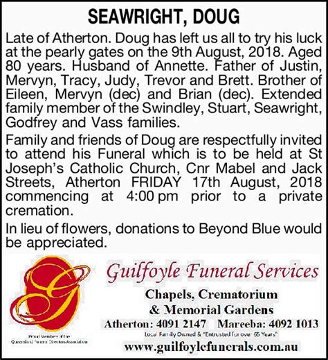 SEAWRIGHT DOUG Funeral Notices Cairns My Tributes