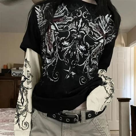 Y2k Grunge Tattoo Print Shirt With A Very Cool Design Depop