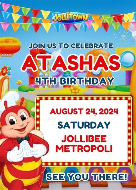 Jollibee Jollitown Birthday Party Personalized Invitation Jollibee