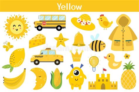 Set Of Yellow Color Objects Primary Colors Flashcard With Yellow