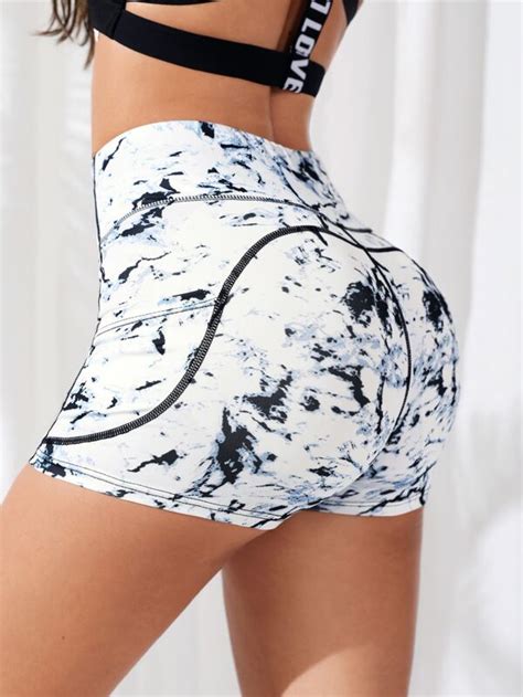 Yoga Trendy Tie Dye Wide Waistband Sports Shorts With Phone Pocket