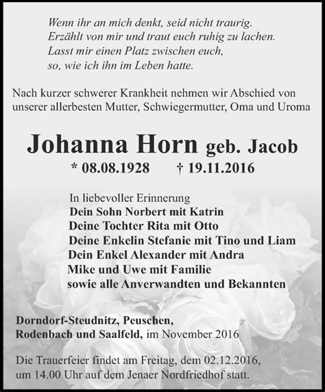 Traueranzeigen Von Johanna Horn Trauer In Thueringen De