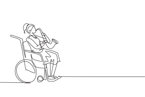 Continuous One Line Drawing Woman Sitting In Wheelchair Plays Saxophone