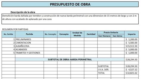 Presupuesto De Obra Ejemplos Formatos Word Excel