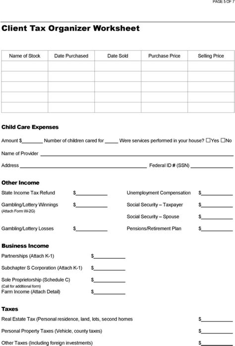 Business Tax Organizer Worksheet