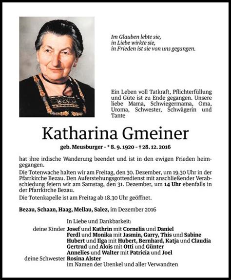 Todesanzeigen Von Katharina Gmeiner Todesanzeigen Vorarlberger