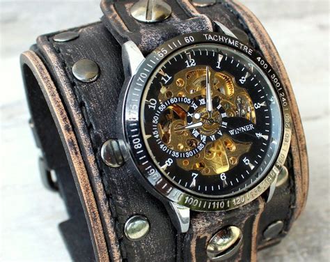 Steampunk Wrist Watch Leather Watch Skeleton Watch Leather Etsy