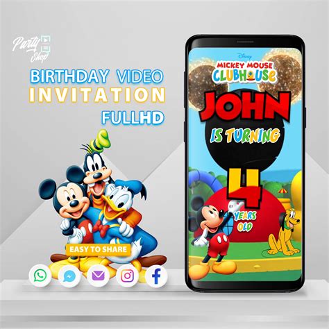 Mickey Mouse Invitation, Mickey Mouse Video Invitation, Party, Birthday ...