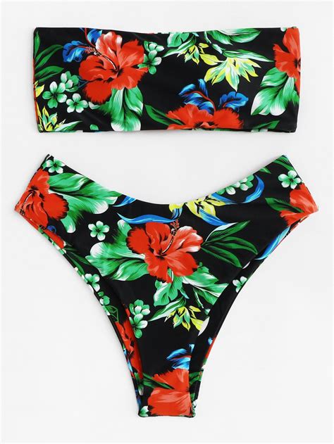 Flower Print Bandeau With High Leg Bikini Set High Leg Bikini