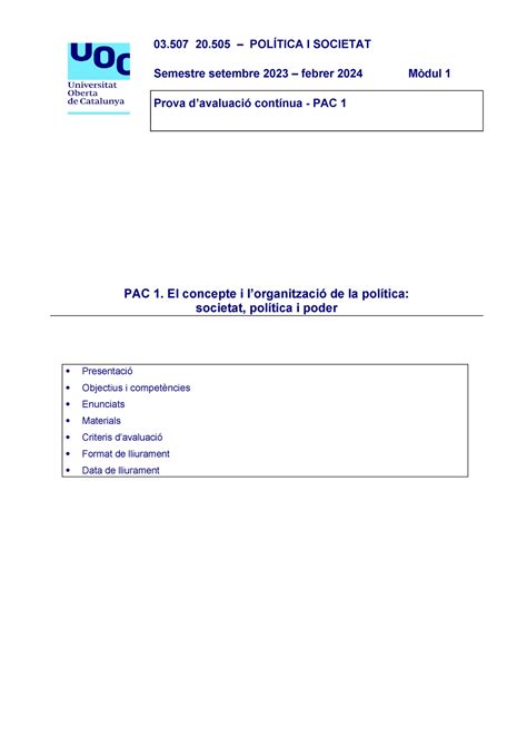 PAC1 enunciats 03 20 POLÍTICA I SOCIETAT Semestre setembre 2023