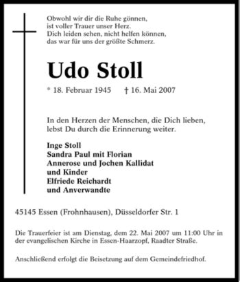 Traueranzeigen Von Udo Stoll Trauer In NRW De