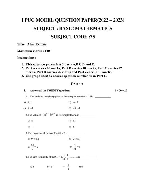 Karnataka 1st PUC BASIC MATHS Model Question Paper IndCareer Docs