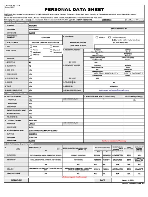 Cs Form No 212 Revised Personal Data Sheet New Pdf Government