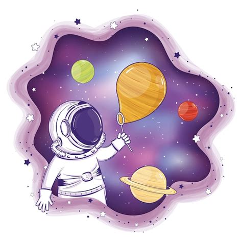 Dibujos Animados De Astronauta De Color Con Globos De Planeta Ilustración Vectorial Vector Premium