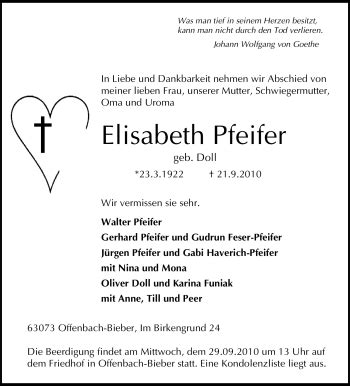 Traueranzeigen Von Elisabeth Pfeifer Trauer Op Online De