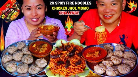 New 2x Spicy Fire Noodles With Sukuti 🔥 Chicken Jhol Momo Challenge 🥟🥵