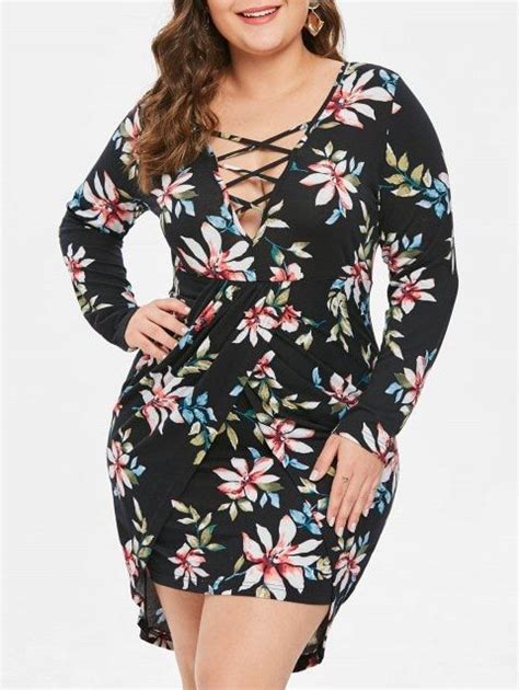 Plus Size High Low Floral Dress With Criss Cross Black 2x Floral High Low Dress Fashion