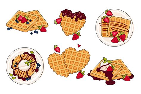 Set Of Different Belgian Waffles Vector Illustration In Doodle Style