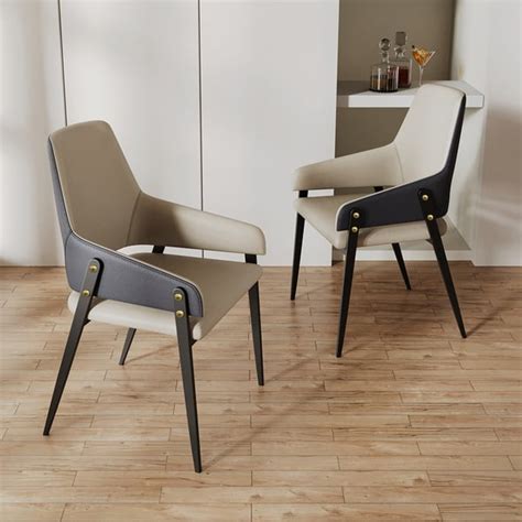 Modern Khaki PU Leather Upholstered Dining Chairs Set Of 2 With Solid