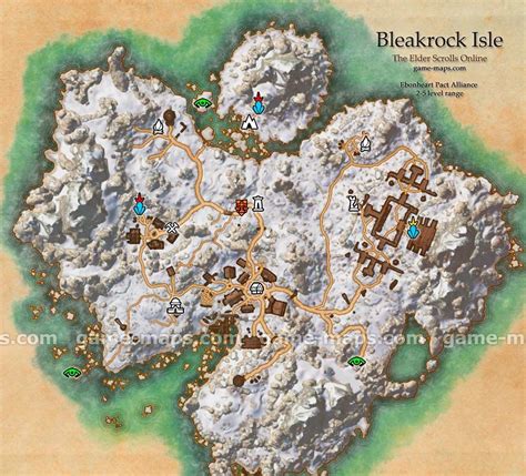 Bleakrock Isle zone map. Small frozen island in north part of Ebonheart Pact Alliance territory ...