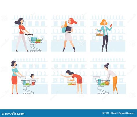 Woman Character At Grocery Store With Shopping Cart And Basket Near