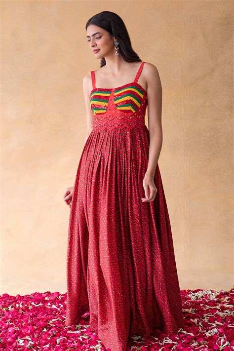 Buy Red Dupion Silk Print Floral Square Sequin Embellished Flower Gown