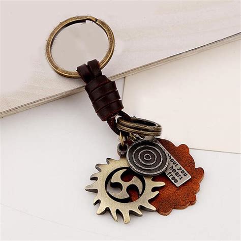 Buy Leather Keyrings Key Chains Metal Axe Wheel Gear Dumbbell Arrow