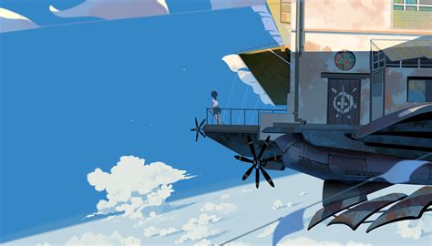 Wallpaper Anime Girls Airships Flying Short Hair School Uniform