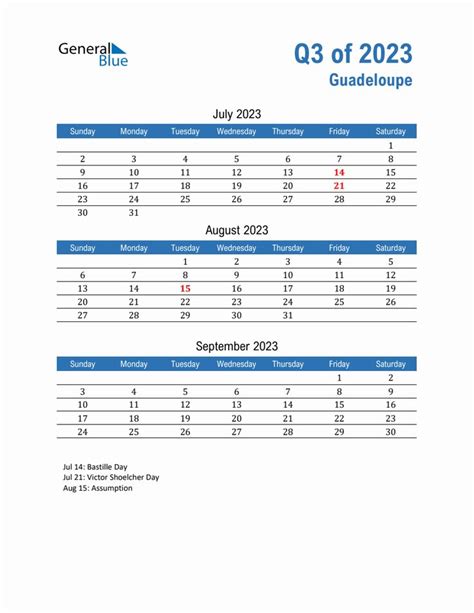 Free Quarterly Calendar For Guadeloupe With Holidays Holiday Calendars