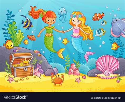 Mermaids Among The Fishes Hold Hands Royalty Free Vector