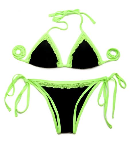 Sexy Lace Bikini Black Double Green Lace Trim Triangle Top With Classic Cut Bottom Bikini