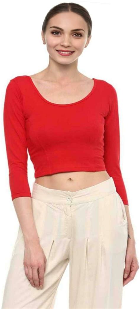 Buy Pu Fashion Women Red Solid Cotton Lycra Blend Blouse Online At Best