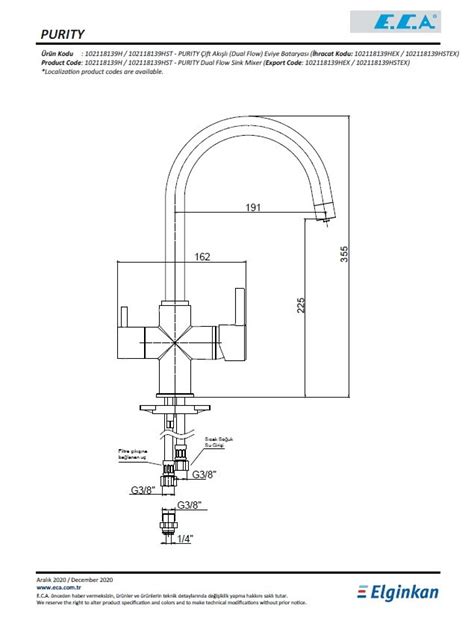 Eca 102118139H Purity Çift Akışlı Dual Flow Mutfak Bataryası