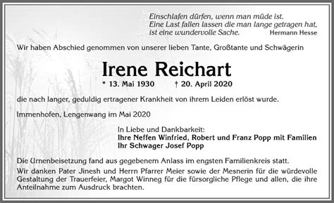 Traueranzeigen Von Irene Reichart Allg Uer Zeitung