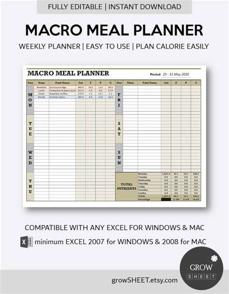 Macro Meal Planner Excel Template Fully Editable Weekly Etsy