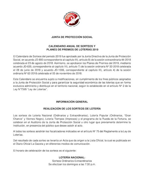 PDF JUNTA DE PROTECCIÓN SOCIAL CALENDARIO ANUAL DE JUNTA DE