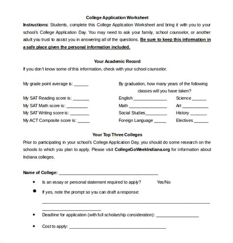 College Application Templates Pdf Doc Worksheets Library