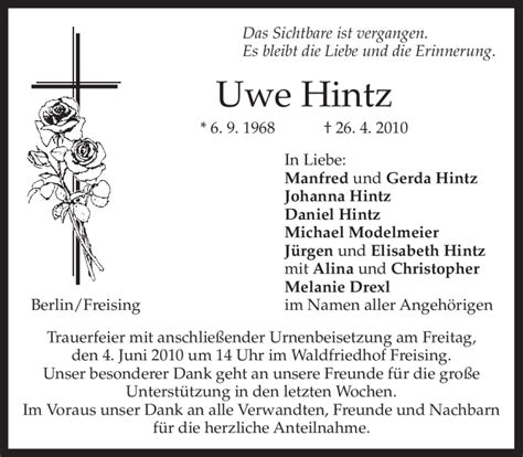 Trauer Und Todesanzeigen Von Uwe Hintz Trauer De