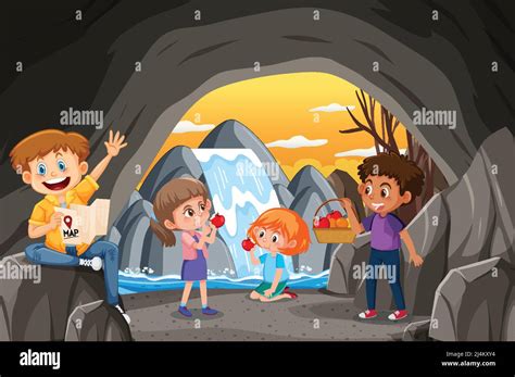 In Cave Scene With Children Exploring Cartoon Character Illustration