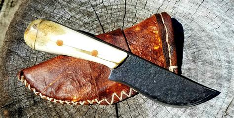 Bone Handle Frontier Style Belt Knife With Deer Hide Horizontal Belt