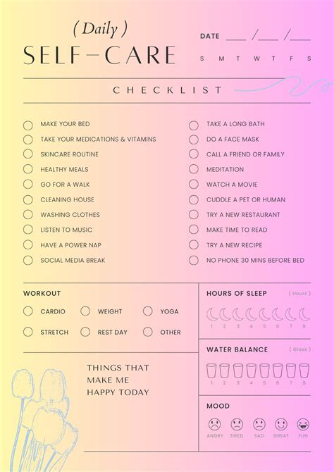 Self Care Chart Etsy