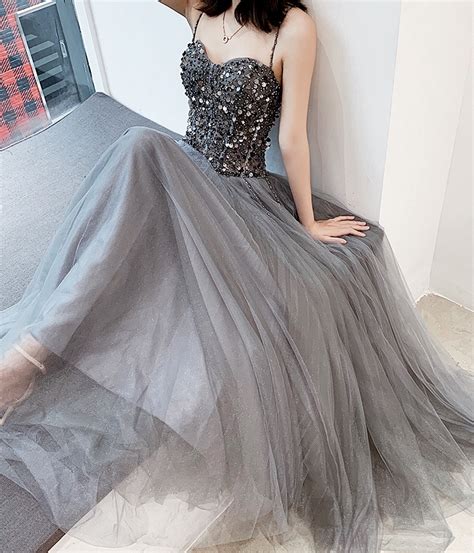 Gray Sweetheart Neck Tulle Beads Long Prom Dress Evening Dress On Storenvy