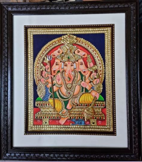 Five Head Ganesha Tanjore Painting With Frame