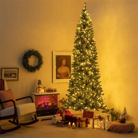 Goplus 9ft Pre-Lit Artificial Pencil Christmas Tree, Hinged Slim Xmas ...