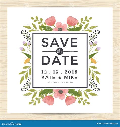 Save The Date Wedding Invitation Card Template With Hand Drawn Wreath