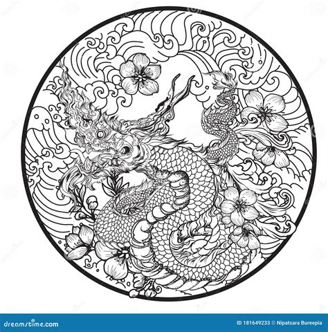 Hand Drawn Dragon Tattoo Coloring Book Japanese Stylejapanese Old Dragon For Tattoo