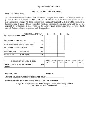 Fillable Online Apparel Order Form Long Lake Camp Fax Email