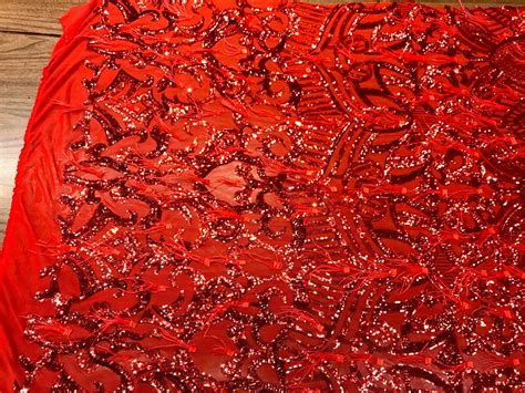 Red Sequins Design With Feathers On A 4 Way Stretch Mesh Fabric Prom