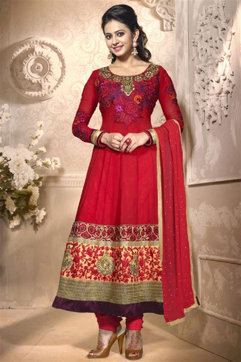 Red Embroidered Chiffon Semi Stitched Chudidar Salwar Suit Moiaa 300298